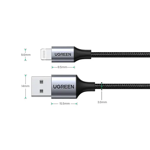 Кабель Ugreen USB 2.0 AM-Lightning M, 1 м, 2.4A, Чорний, US199 - фото 2