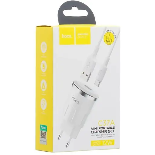 Зарядний пристрій Hoco C37A 2.4A 1 USB з кабелем Type C Білий - фото 2