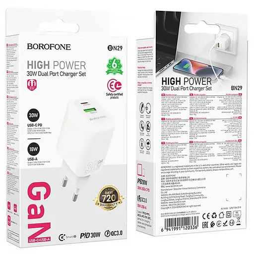 МЗП Borofone BN29 Fuente PD30W+QC3.0 (1USB-A/1C) White - фото 4