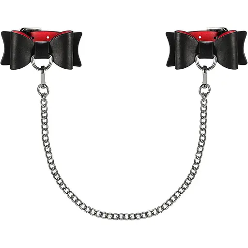 Кожаные наручники-банты с длинной цепью Obsessive A745 cuffs, черно-красные