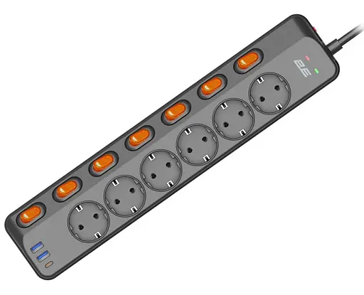 Подовжувач-фільтр мережевий 2E 6xТип F, 3x1.5мм кв, 16A, з захистом від перенапруги, 2xUSB-A, 1x USB-C, 3м, чорний - фото 1