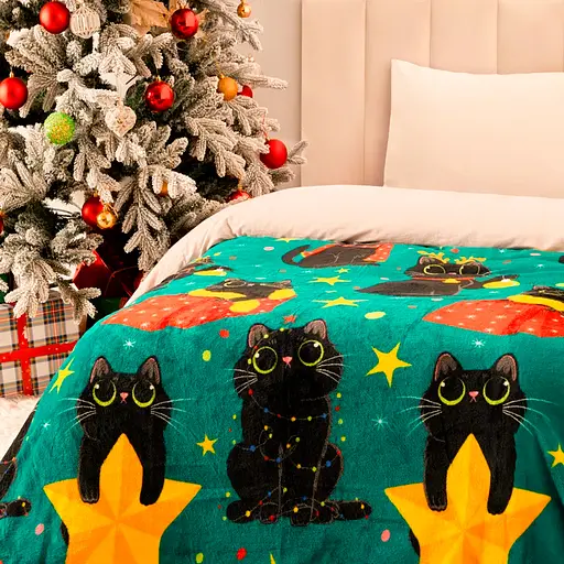 Плед Love You Зірки і котики 150x200 см велсофт зелений з принтом (9119) - фото 4