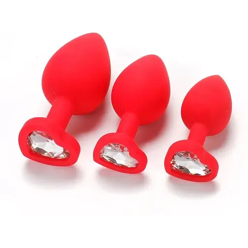 Комплект силіконових анальних пробок із кристалом SKN-KSIL-06 (розмір S, M, L), Червоний