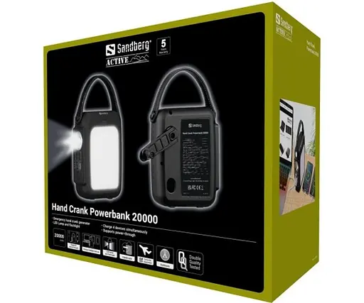 Аккумулятор портативный Sandberg 20000 mAh 20 W динамозарядка режим ИБП прожектор фонарик - фото 5