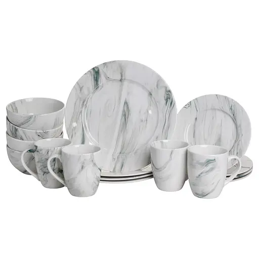 Столовый набор посуды тарелок и чашек 16 предметов на 4 персоны Marmor фарфоровый, обеденный столовый сервиз тарелок Yiwu MD-16-2G