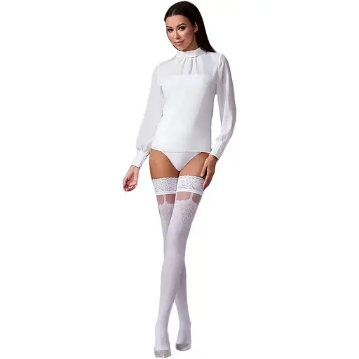 Чулки Passion ST121 1/2 белые, на ажурной силиконовой резинке, с цветочным орнаментом - фото 3