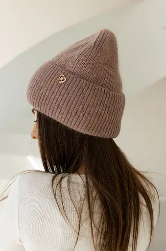 Теплая женская шапка Ангора Сердечко с флисовой подкладкой Светло Коричневый - фото 3