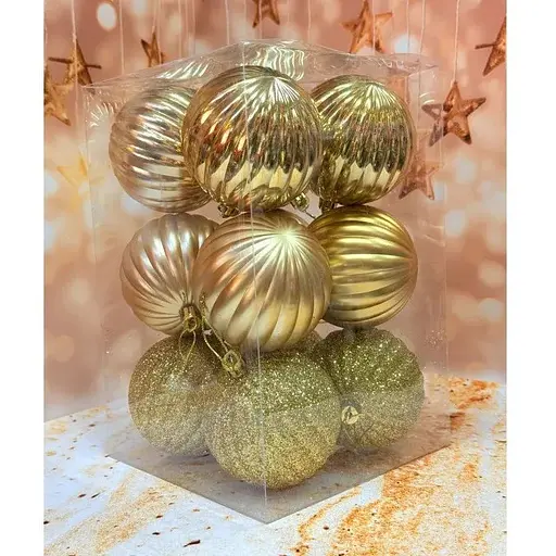 Набір ялинкових іграшок Рельєф пластикових круглих 12 шт 8 см Золотий - фото 1