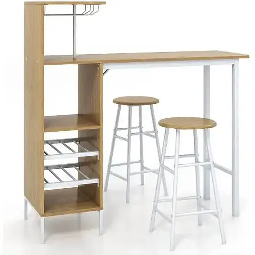Барный стол со стульями Costway Bistro с держателем винных бокалов натуральный