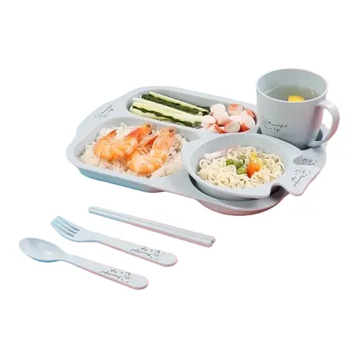 Набор детской посуды из биоразлагаемого волокна пшеничной соломы 6 предметов, синий - фото 1