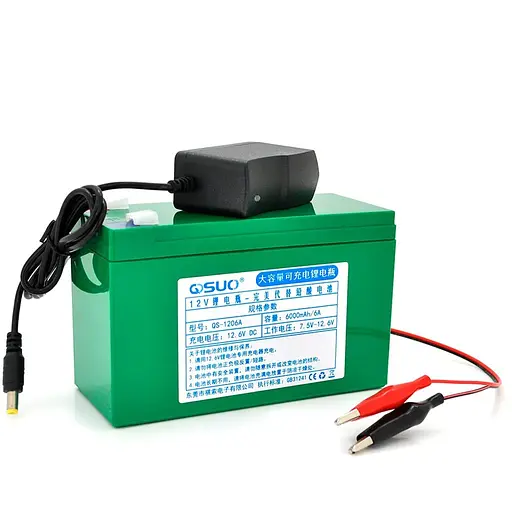 Аккумуляторная литиевая батарея QiSuo 12V 6A с элементами Li-ion 18650 (150X64,5X97,7) + зарядное устройство 12.6V 1A + крокодилы