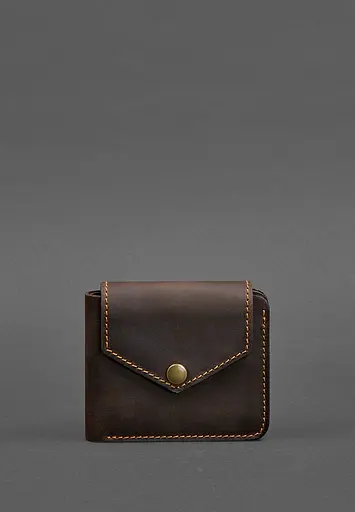 Кожаное портмоне 4.2 на кнопке темно-коричневое с оранжевой нитью - фото 2