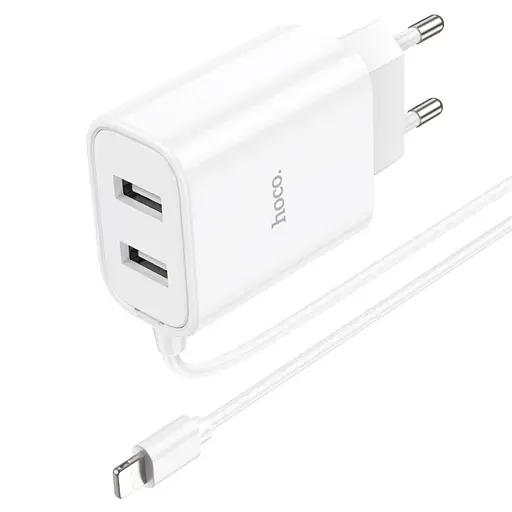 Зарядний пристрій Hoco C103A 2 USB білий з кабелем Lightning - фото 3