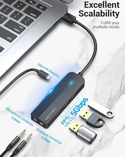 Хаб USB 3.0 -> 3хUSB 3.0/2хTRS Audio/USB Micro 1.0 м. Vention - фото 4