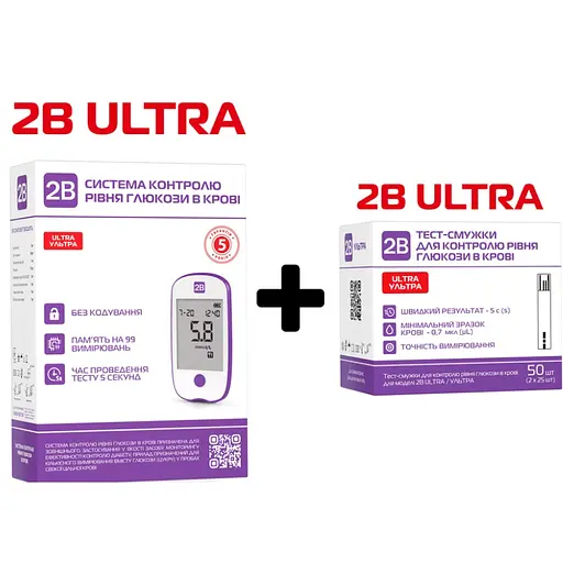 Система контролю рівня глюкози в крові 2В ULTRA + Тест-смужки 2В ULTRA 50 шт.