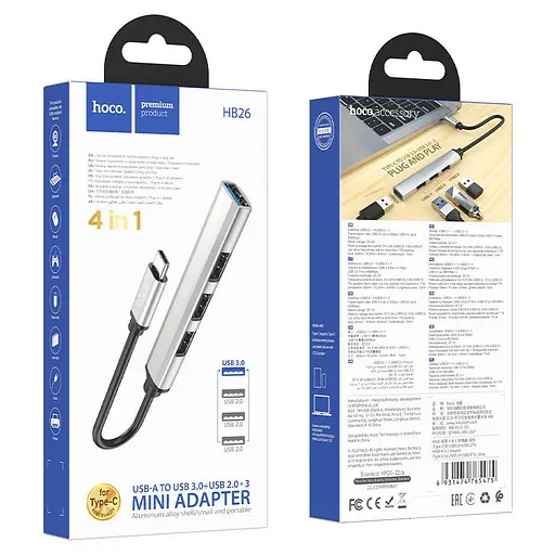 Перехідник Hoco HB26 4in1 (Type-C to USB3.0+USB2.0*3) Silver - фото 6