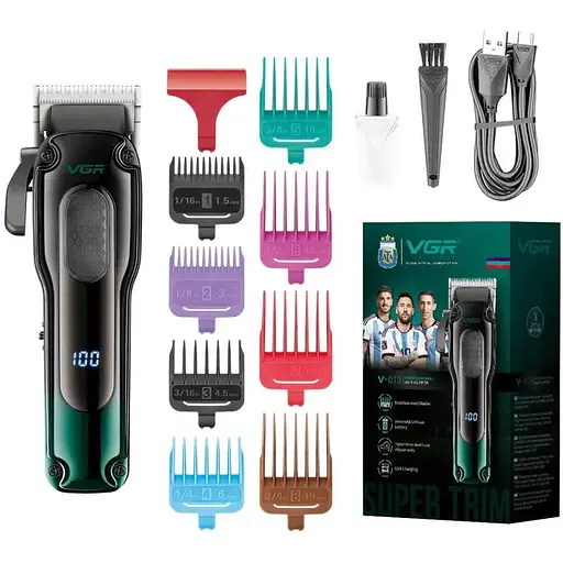 Машинка для стрижки VGR V-013 триммер с 8 насадками дисплей 6500 об/мин Черная с Зеленым 5 Вт - фото 1