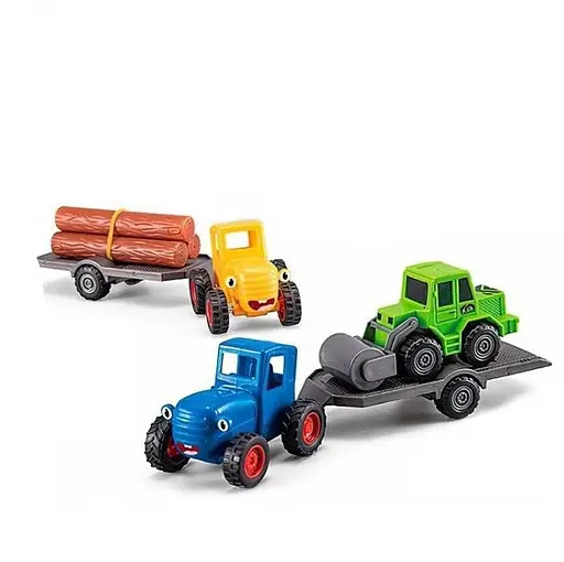 Детский игровой набор игрушечных тракторов с прицепом и дорожным катком Синий трактор Синий/Зеленый/Желтый - фото 1