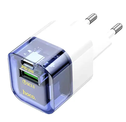 Сетевое зарядное устройство для Hoco C131A Platinum dual-port PD30W+QC3.0 charger(EU) голубой - фото 1