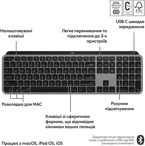 Клавіатура Logitech MX Keys S for Mac Wireless Space Grey (920-011637) - фото 3