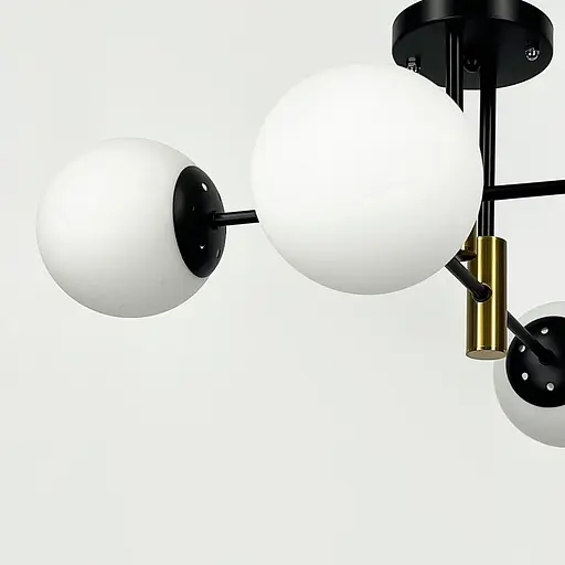 Стельова чорна люстра з латунною фурнітурою на 4 білих плафонів Ø 55 см | Line F | Арт. 81188/4 CP+BK+WT - фото 4
