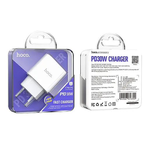 Мережевий зарядний пристрій Hoco C76A Pro Majestic single port PD30W charger білий - фото 2