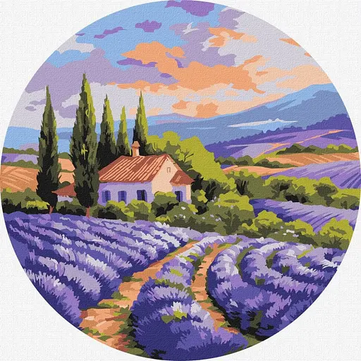 Картина по номерам "Будиночок у полі" ©art_selena_ua KHO-R1160 діаметр 26 см