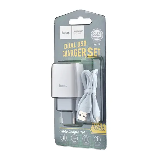 Мережевий зарядний пристрій Hoco C73A Glorious dual port charger set ( Lightning ) ( EU ) Білий - фото 2