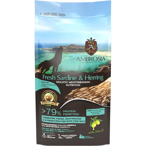 Сухой корм Ambrosia Mediterranean для щенков всех пород с сардиной и сельдью 100 г