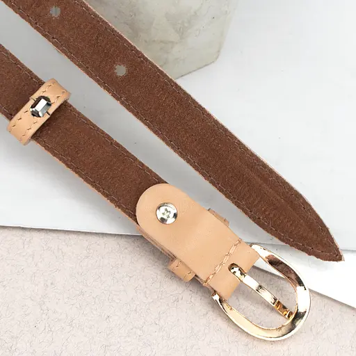 Ремень женский кожаный бежевый PS-2045 (115 см) под брюки с золотой пряжкой - фото 5