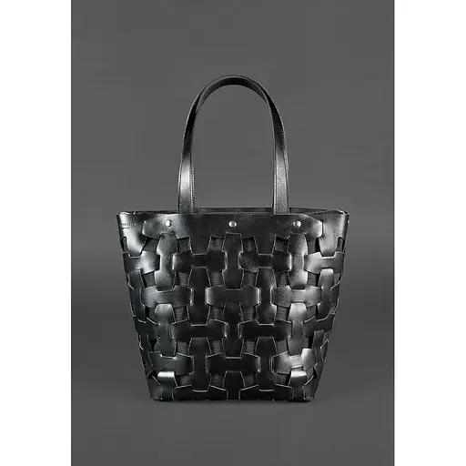 Шкіряна плетена жіноча сумка Пазл L вугільно-чорна - фото 1