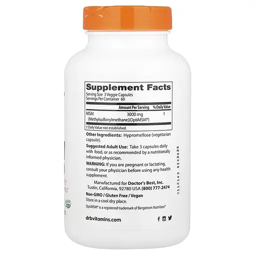 Метилсульфонилметан Doctor's Best MSM with OptiMSM, 180 вегакапсул для комфорта и подвижности суставов - фото 2