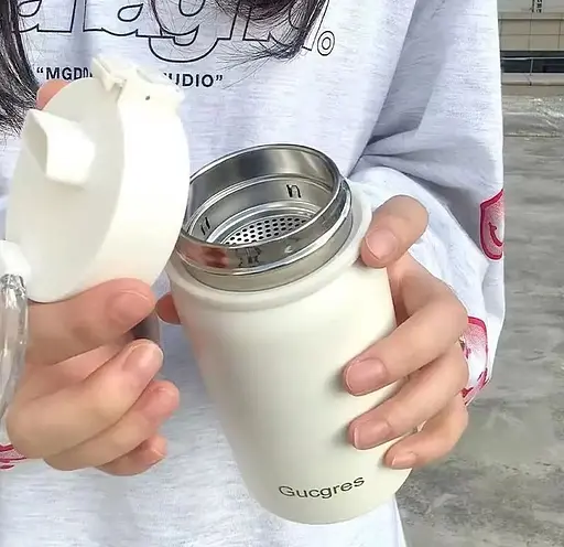 Термос бидон Gucgres из нержавеющей стали с сеткой заварником с двойными стенками белый 600 мл - фото 4