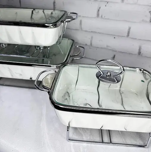 Набор из 3-х мармитов керамических прямоугольных Kitchen с крышками из стекла Бело Серебристый - фото 7