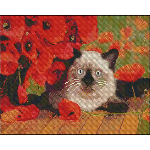 Алмазная мозаика Strateg ПРЕМИУМ Кот и маки без подрамника размером 40х50 см (ZAV4050-32) - фото 1