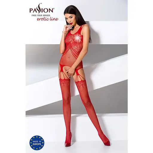Бодистокинг Passion BS070 Red, комбинезон, имитация чулок и ажурного топа - фото 2
