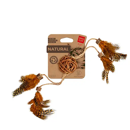 Іграшка для котів WAUCAT Fun Natural Плетений м'ячик з пір'ям, дерево, перо, джутова мотузка, 40 см - фото 2