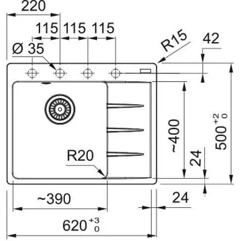 Кухонна мийка Franke Centro, фраграніт, прямокутник, з крилом, 620х500х200мм, чаша - 1, врізна, CNG 611-62 TL, чорний матовий - фото 3