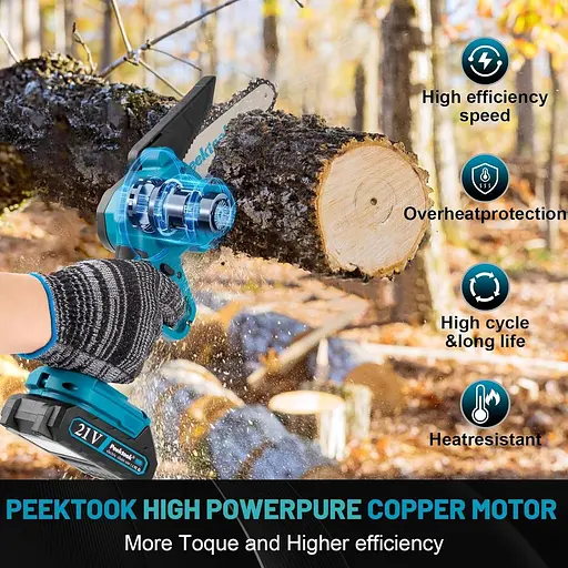 Міні-бензопила акумуляторна 6-дюймова, електрична бензопила Peektook, акумуляторна бензопила з 2 акумуляторами 2,0 А·ч і 2 ланцюга - фото 2