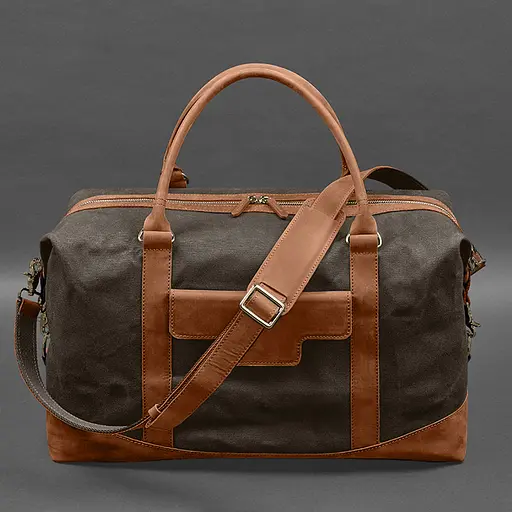 Дорожная сумка из коричневого конваса и натуральной кожи Crazy Horse светло-коричневая - фото 10