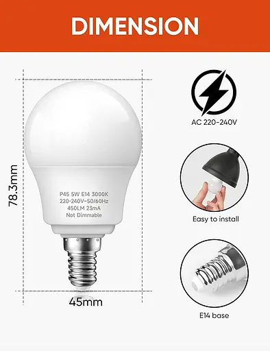 Светодиодная лампа Plusluck E14, шарики P45 E14, лампа для гольфа SES E14, теплый белый 3000K, 5 Вт, эквивалент 40 Вт, 450LM - фото 3