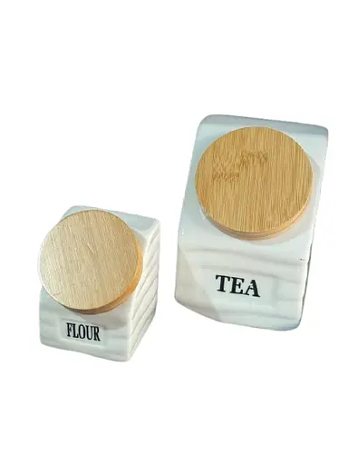 Набір банок порцелянових A-Plus 6731 на металевій підставці  бамбукові кришки 8 предметів Білий - фото 3