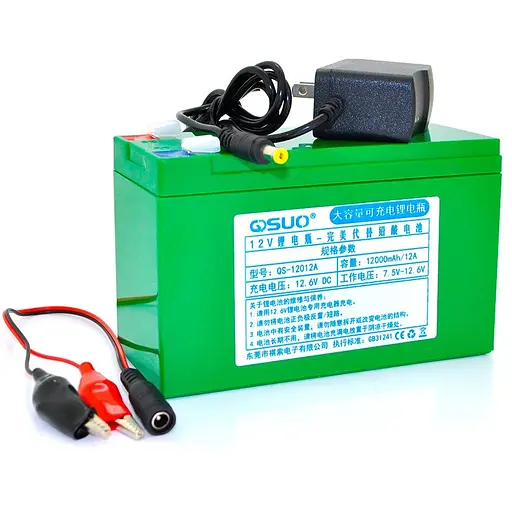 Аккумуляторная батарея литиевая QiSuo 12V 12A с элементами Li-ion 18650 (150X64,5X97,7) + зарядное устройство 12,6V/1A + крокодилы