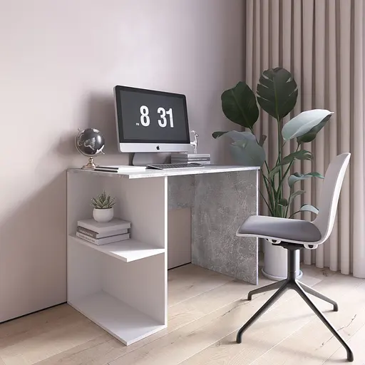 Комп’ютерний стіл Vays D-7 Бетон-Білий, письмовий, з полицями ліворуч, ЛДСП, 100×60×76 см - для дому, офісу, навчання