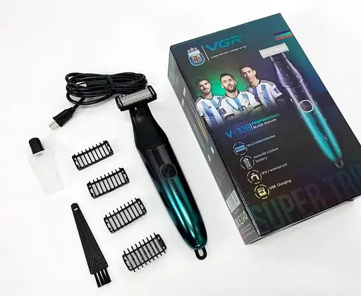 Бритва триммер для стрижки бороды и усов VGR V-339 для окантовки контурной стрижки 4 насадки IPX7 Зеленый 5 Вт - фото 3
