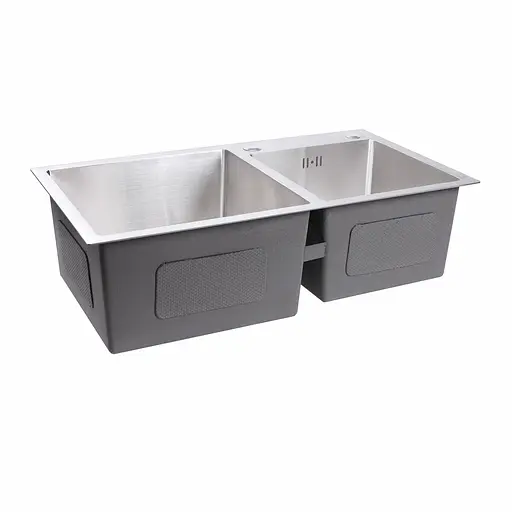 Кухонная мойка 75x41 нержавейка на две чаши Platinum Handmade (круглый сифон, 3.0/0.8), Нержавеющая сталь - фото 3