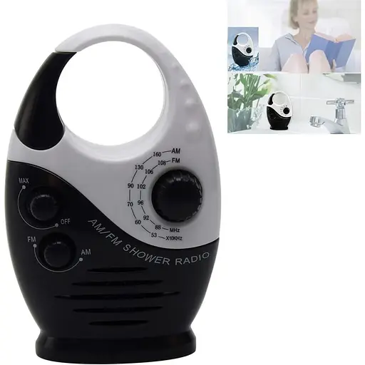 Душове радіо AM FM Saycker Регульована гучність Кнопка Ванна кімната Міні Водонепроникний з верхньою ручкою (чорно-білий)