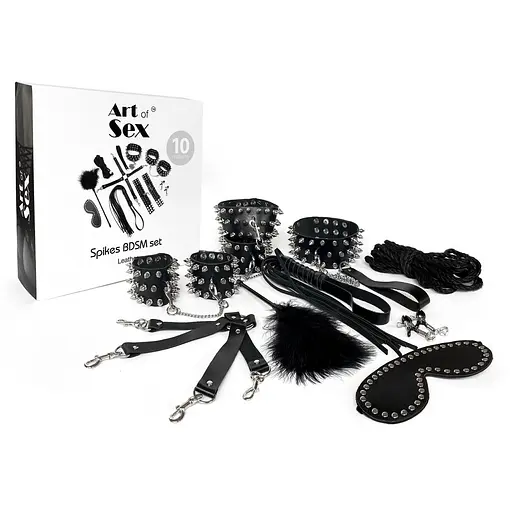 Набор Art of Sex - Spikes BDSM Set Leather, 10 предметов, натуральная кожа, Черный - фото 4