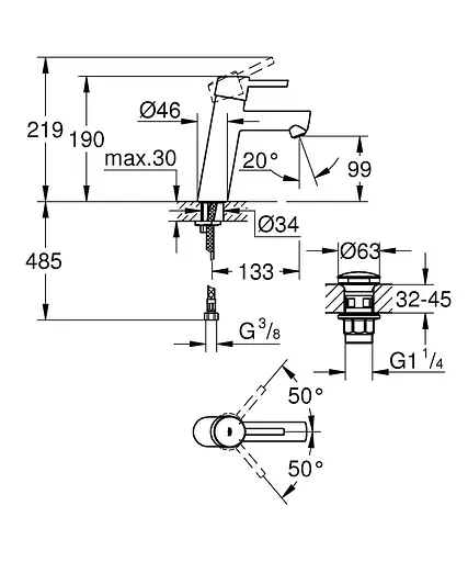 Смеситель для умывальника M-Size + нажимной донный клапан Grohe Concetto 23932001 Хром - фото 2