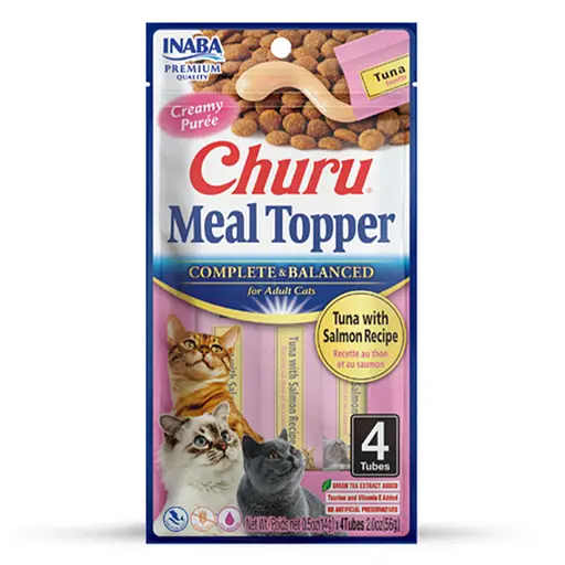 Лакомство Inaba Churu Meal Topper для кошек кремовый мусс в стиках с тунцем и лососем 4x14 г - фото 1